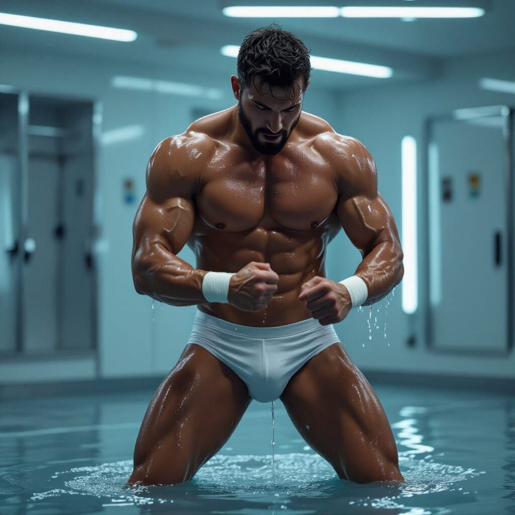 Intense Oil Wrestling Match in Modern Locker Room
