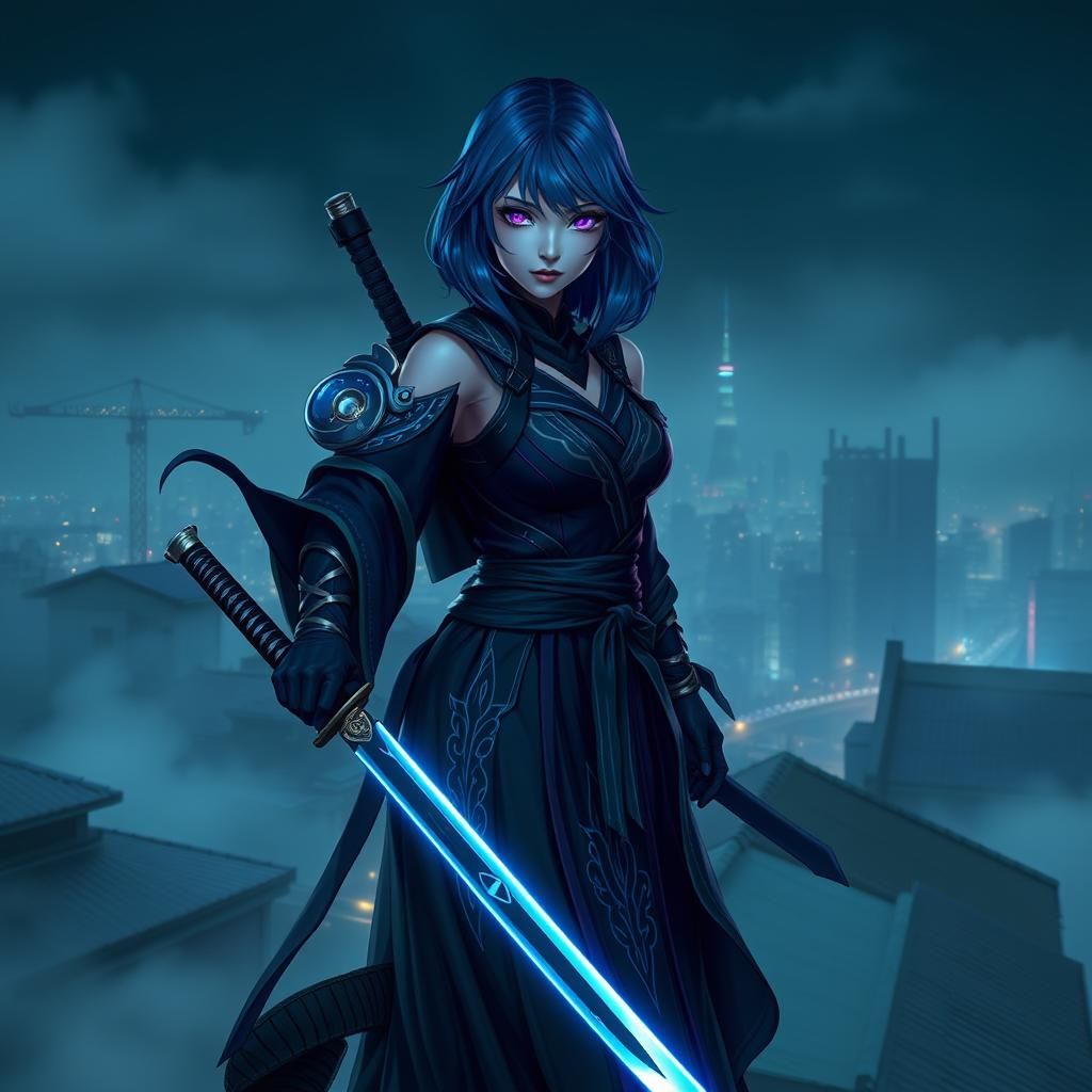 Night Ninja with Katana in Futuristic Cityscape