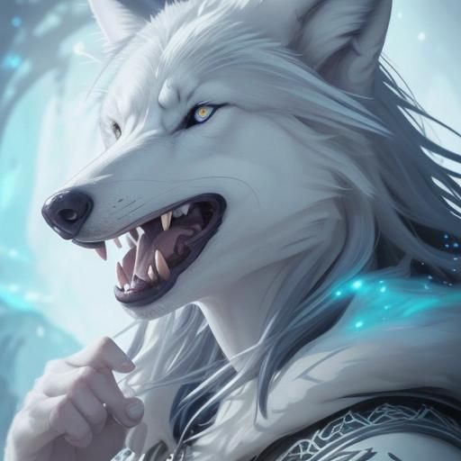Laughing White Wolf with Blue Eyes in Anime Style