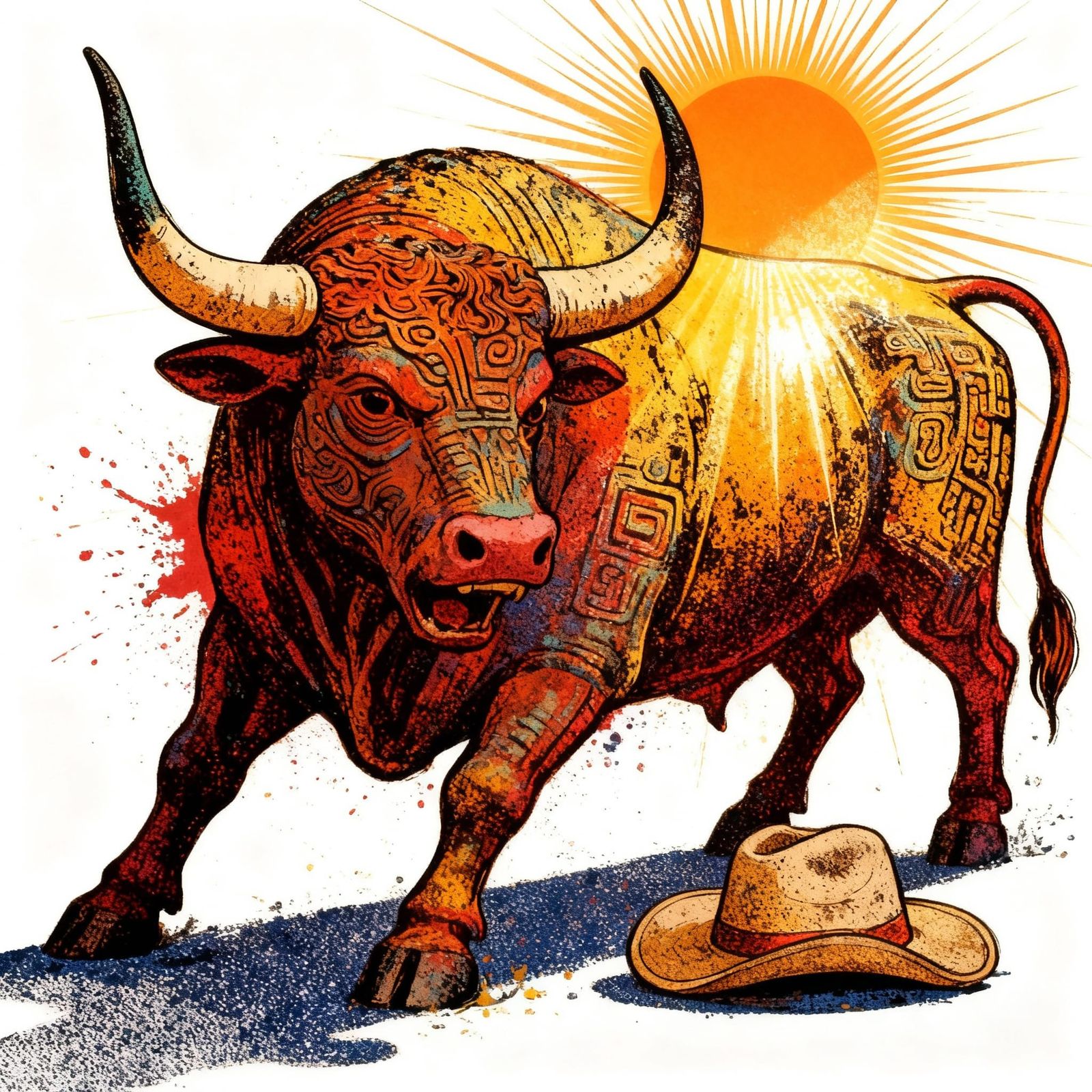 Vibrant Splash Art Bull Threatens Hat in Dramatic Light