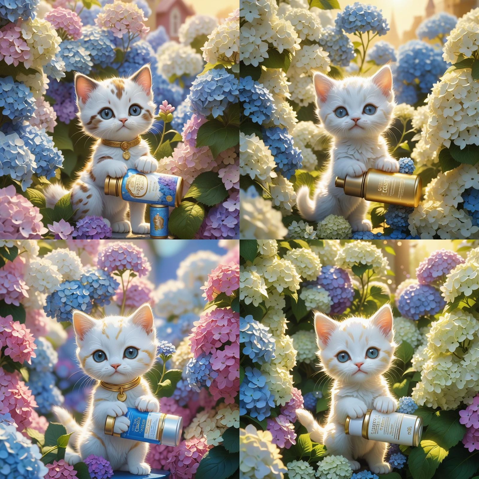 Kitten with Hand Cream in Hydrangea Garden