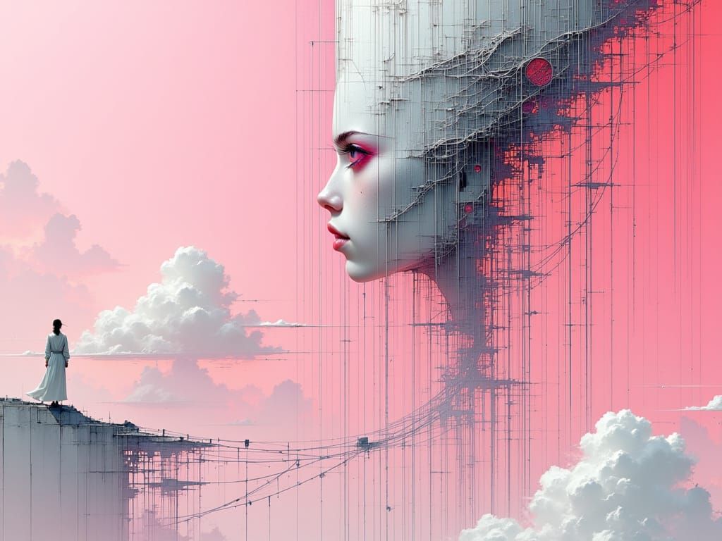 Cyberpunk Cityscape with Silver Wire Structure and Pink Sky