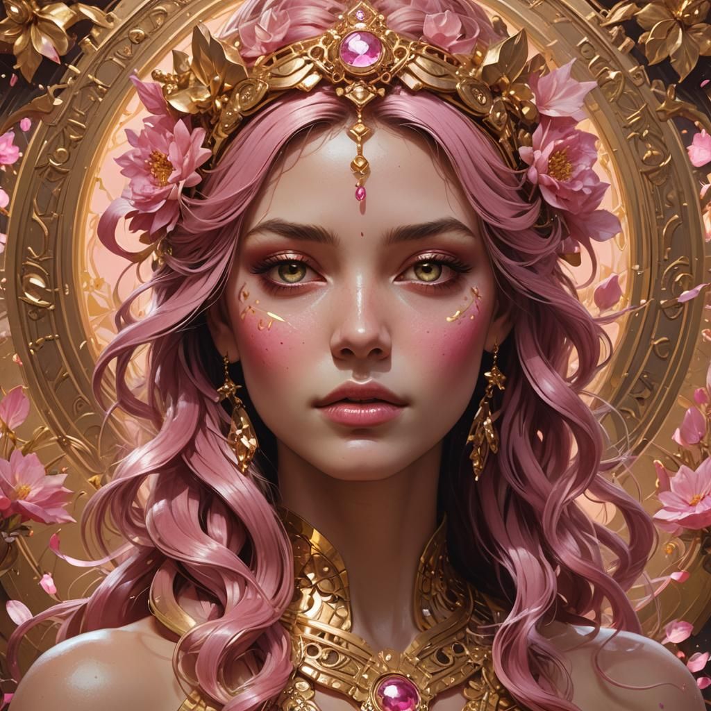 Gold and Pink Goddess Portrait in Hyperdetailed Style