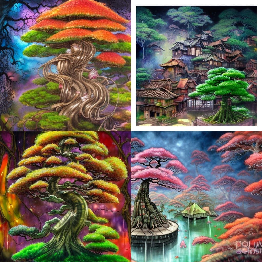 Clockpunk Bonsai Village in Oil Paint Style