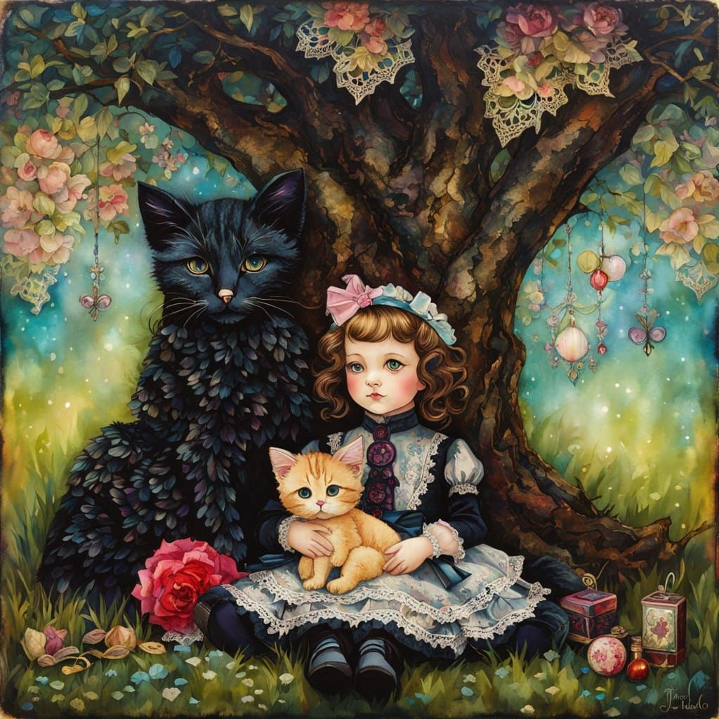 Gothic Child Enchanted by Vintage Kitty Companion