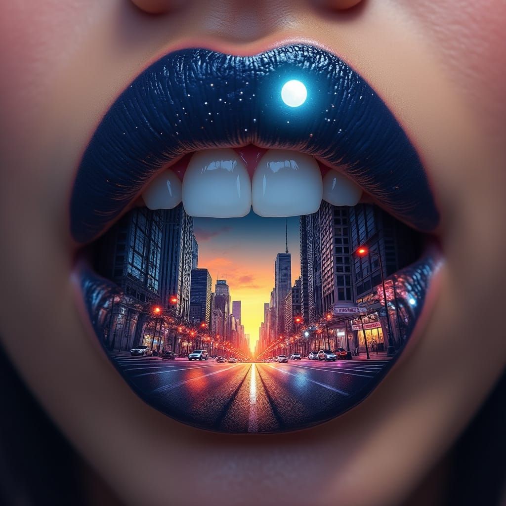 Cityscape Kiss: Double Exposed Lips