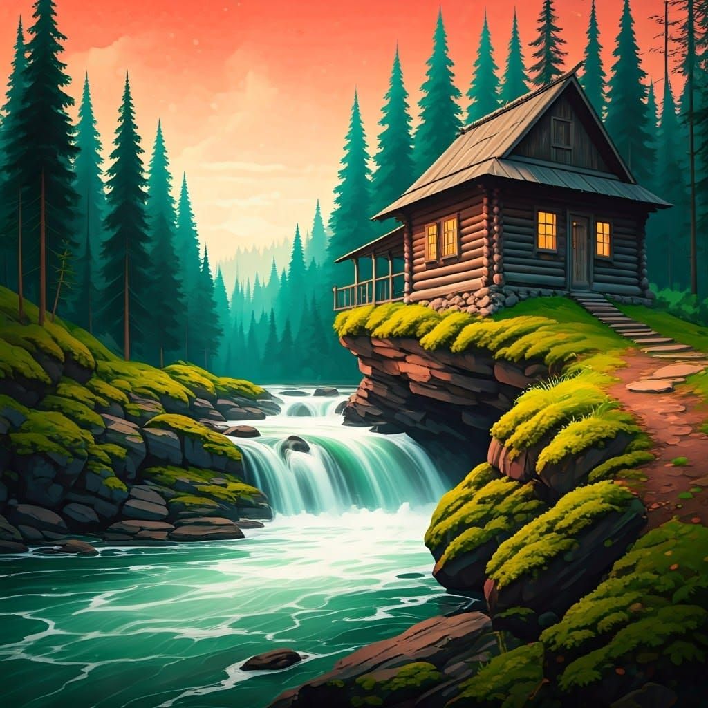 Russian Wooden House at Dusk: Watercolor River Scene