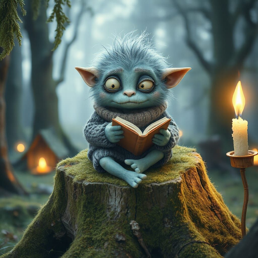 Eccentric Blue Monster Reading Book in Whimsical Forest