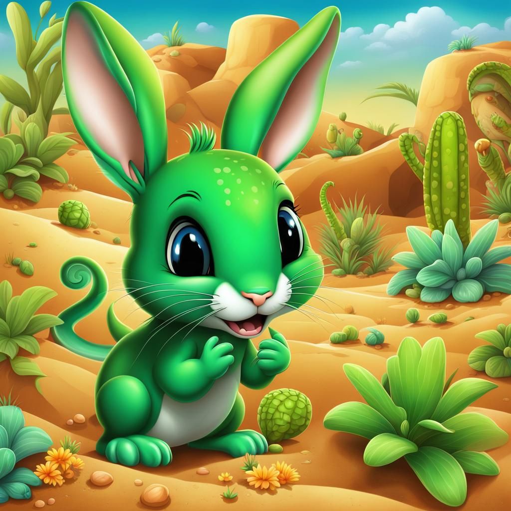 Adorable Green Chibi Animals in Desert Landscape