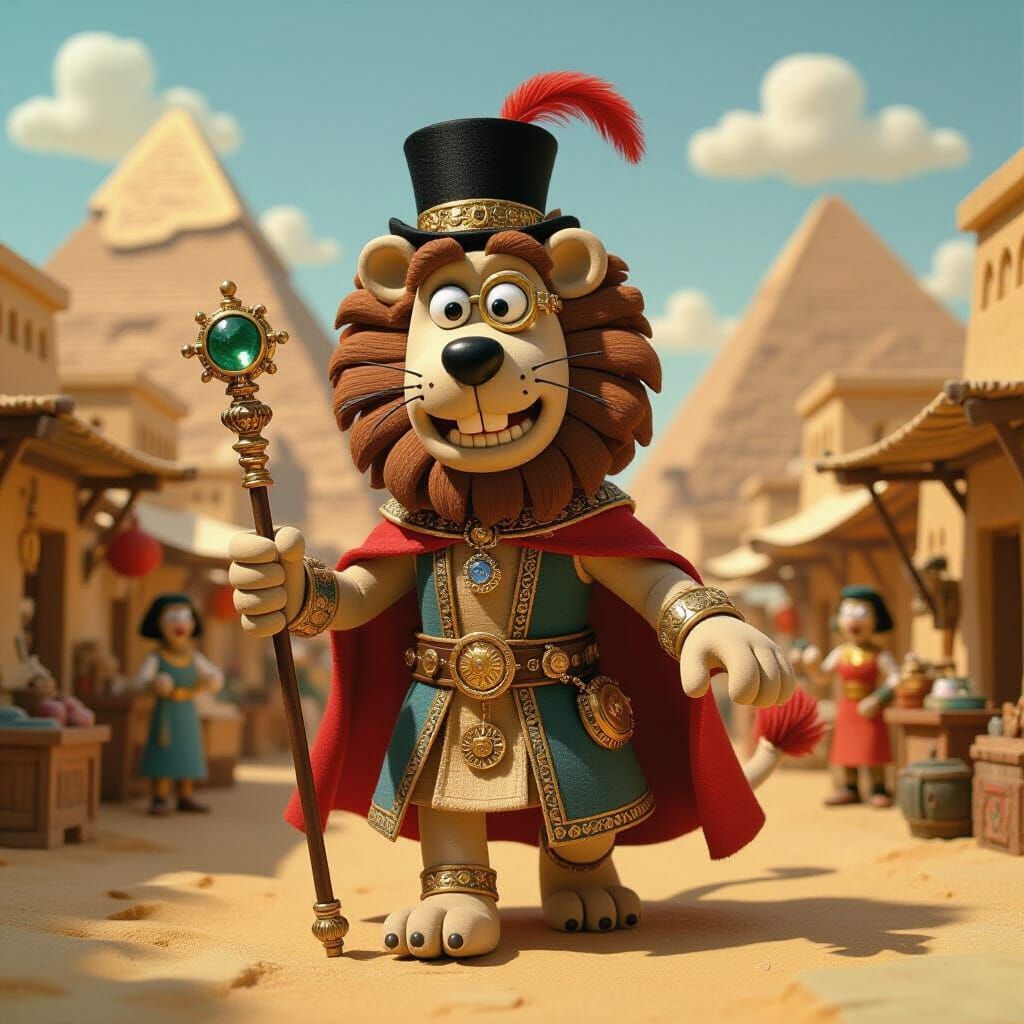 Steampunk Lion in Egyptian Market, Claymation Style