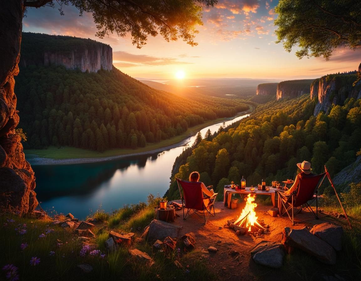 Magical Campsite Overlooking Valley at Magic Hour
