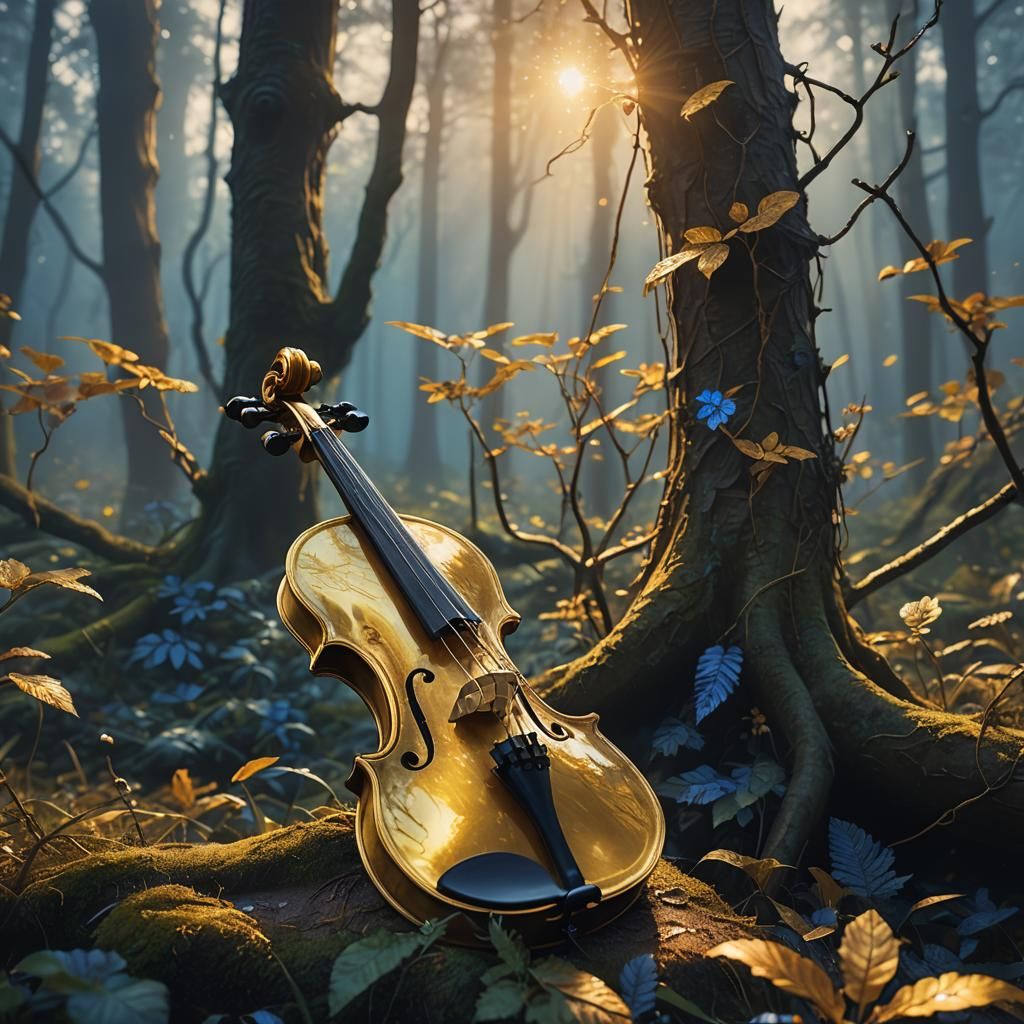 Golden Fiddle in Mystical Forest: Detailed Matte Painting