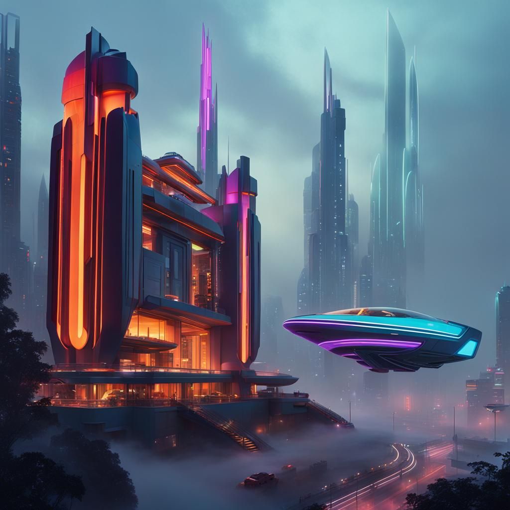 Futuristic Art Deco Residence with Spaceship