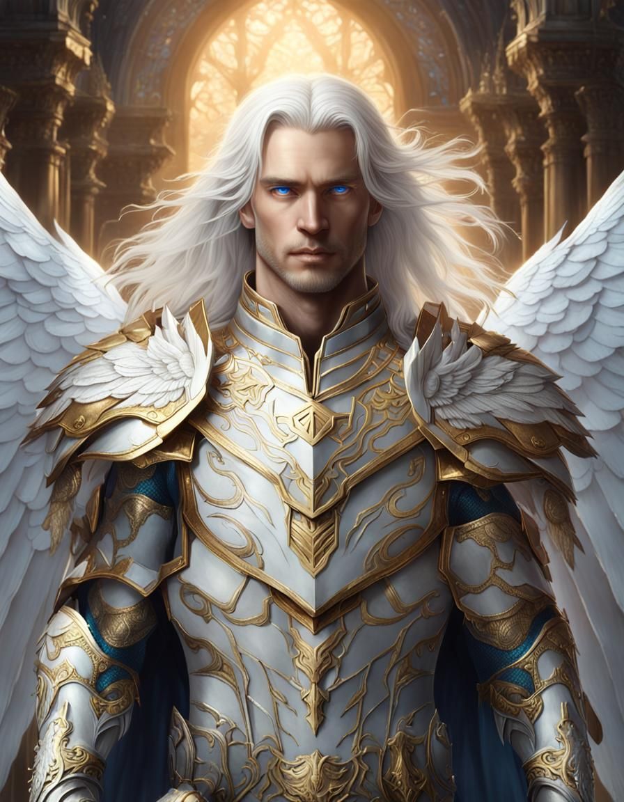 Aasimar Paladin with White Hair and Wings
