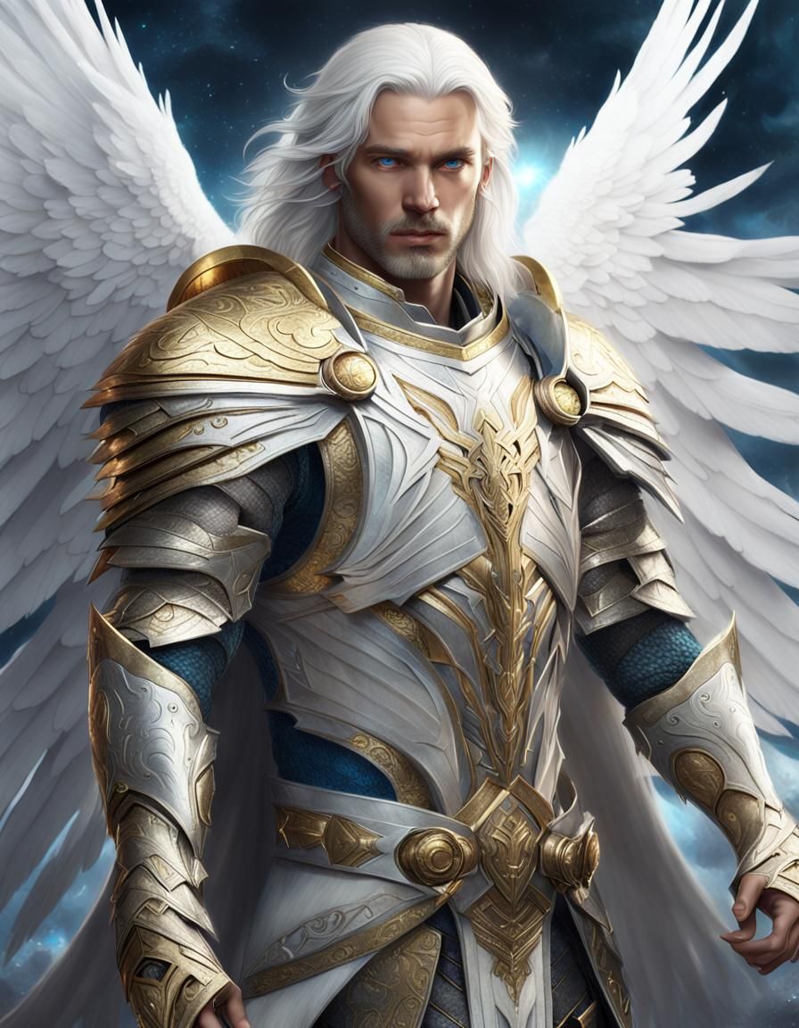 Aasimar Paladin with White Hair and Wings