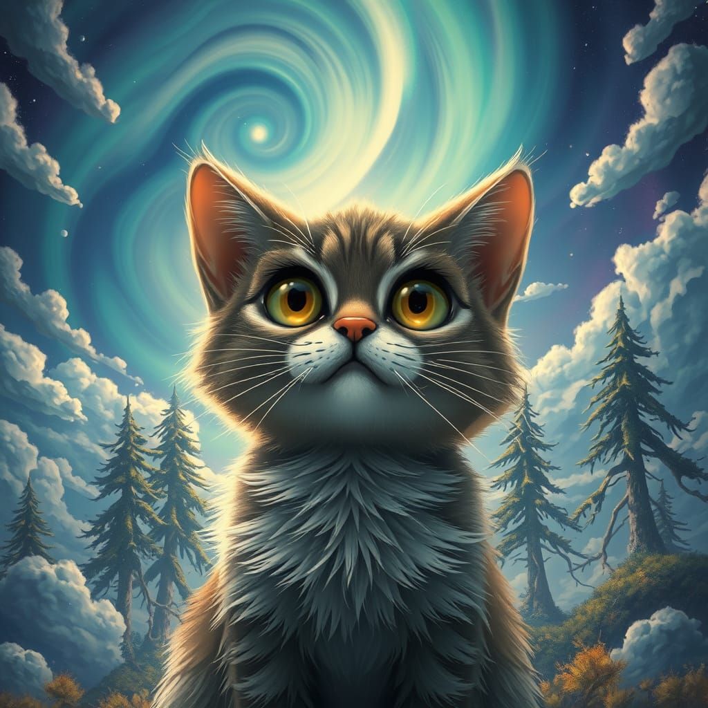 Whimsical Cat in Dreamlike Landscape