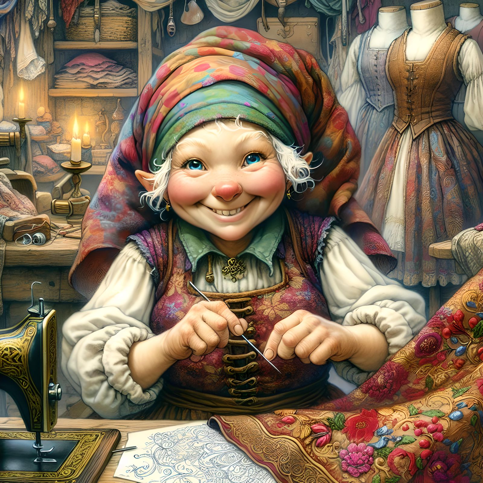 Beardless female gnome dressmaker, in the style of late 19th early 20th century fantasy artists
