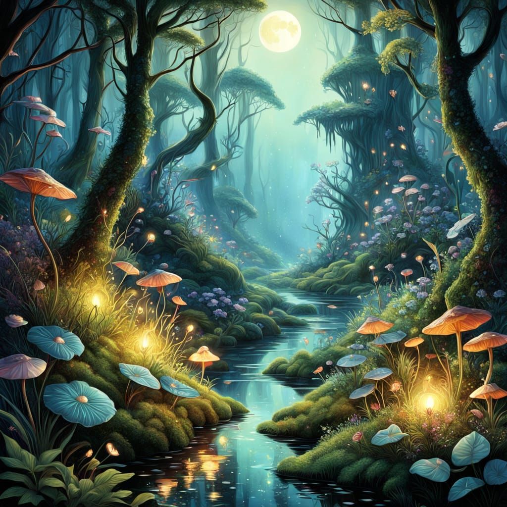 Whimsical Fantasy World Under Soft Moonlight