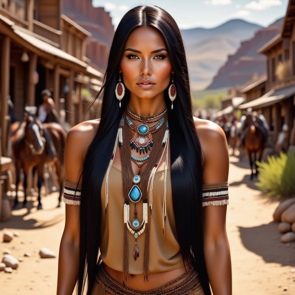 Native American Woman in Wild West Town