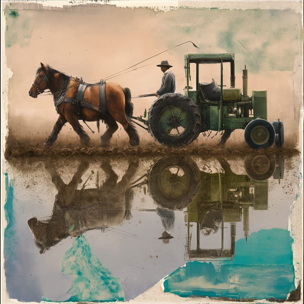 Farmer's Dream: Work Horse and Tractor in Mixed Media