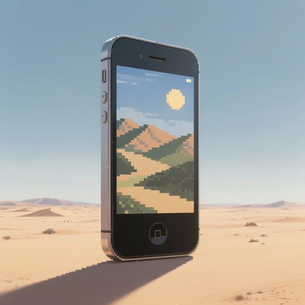 Giant Smartphone Over Desert Landscape in Retro-Futurist Sty...