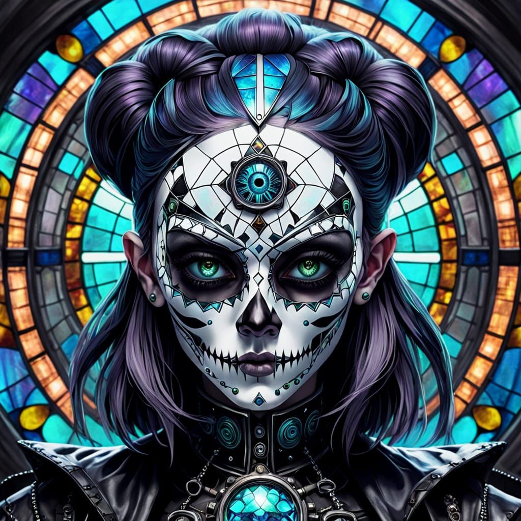 Goth Harlequin Girl with Holographic Art Nouveau Punk Eye