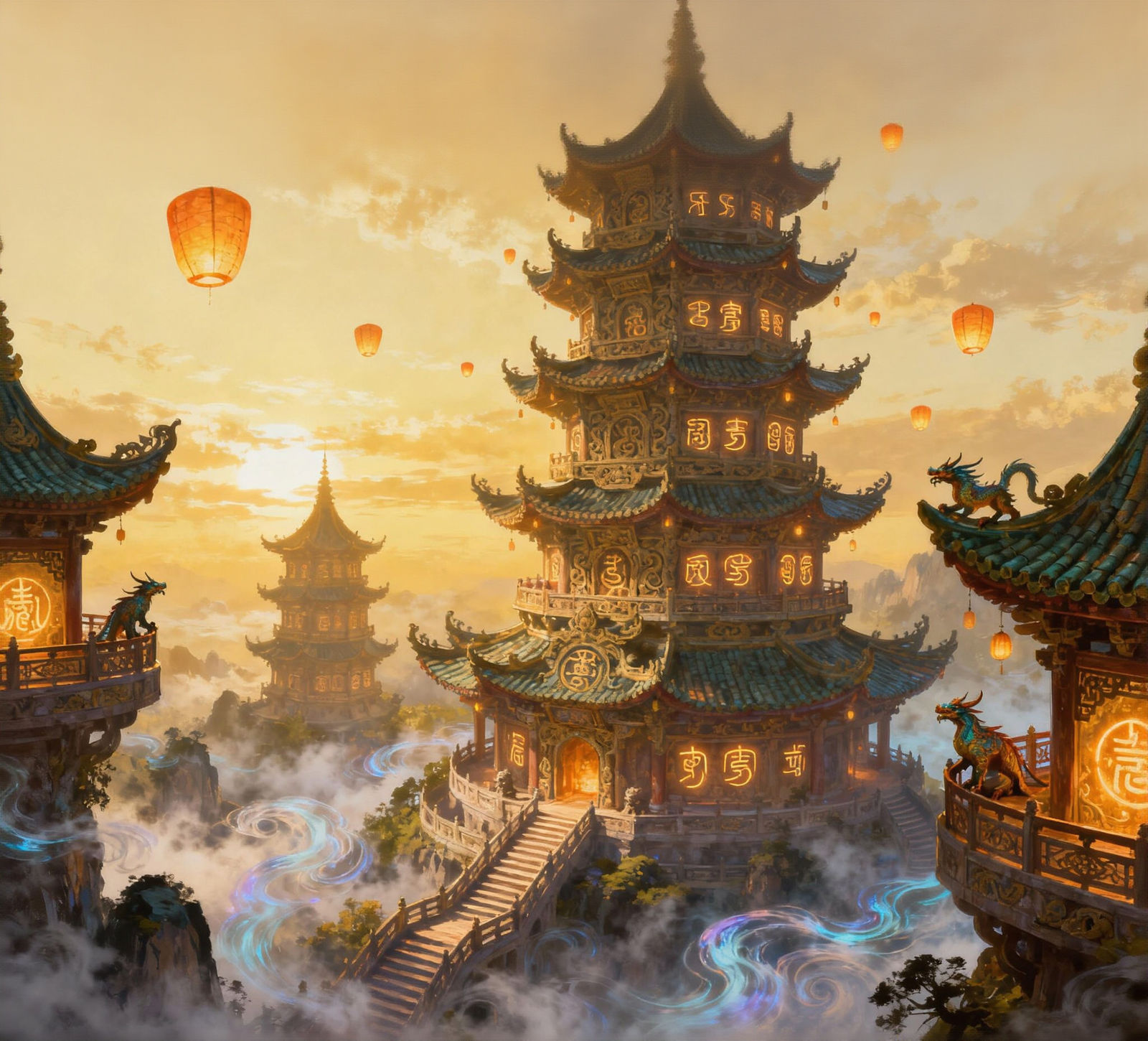 Magical Pagodas in Fantasy Landscape