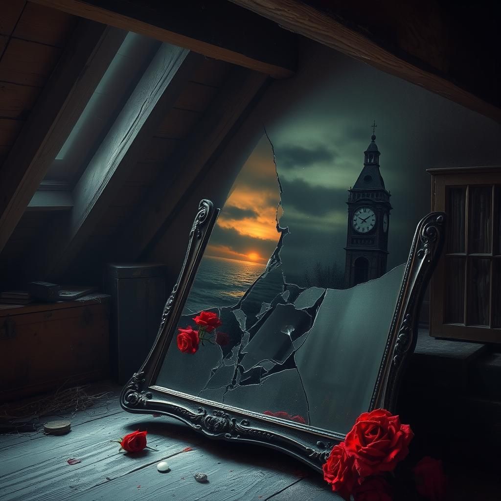 Shattered Mirror Reflecting Ghostly Visions in Dusty Attic