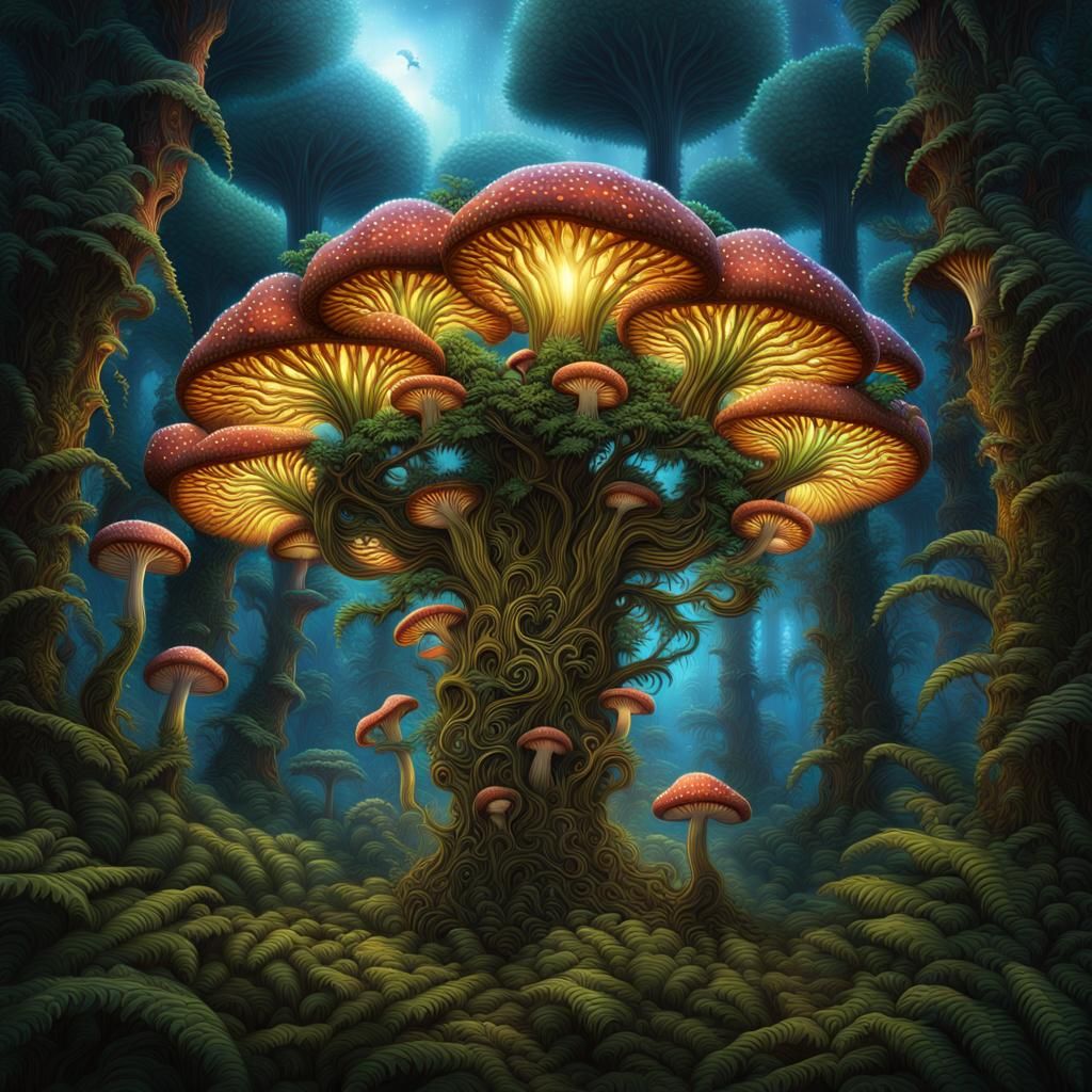 Psychedelic Mushroom Merges with Giant Fern