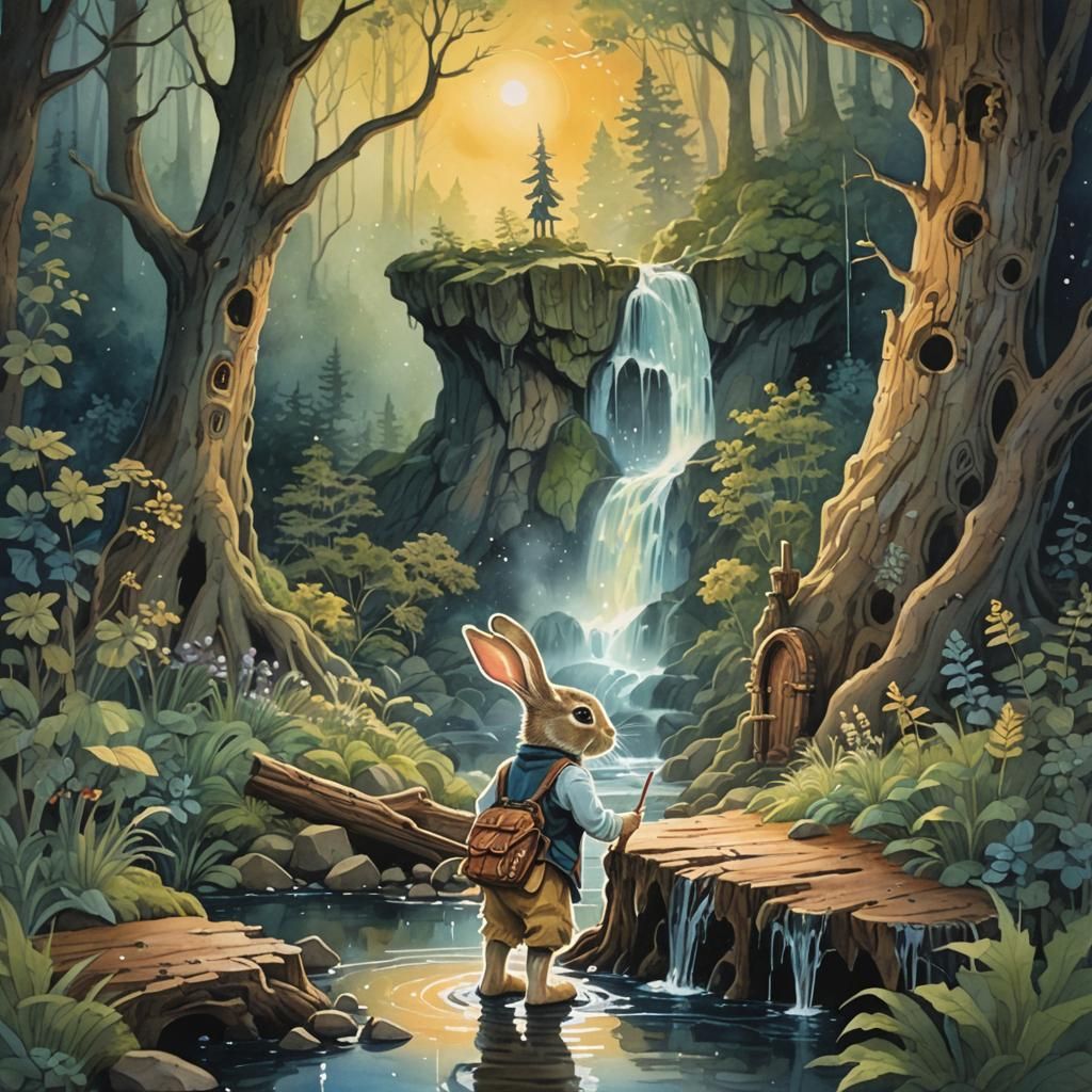 Magical Forest Door with Rabbit in Gouache Style