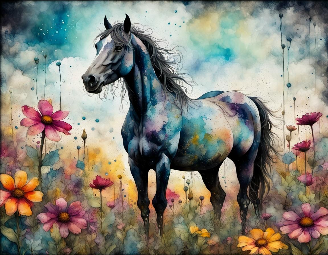 Horse in Flower Meadow: Watercolor Fantasy Art