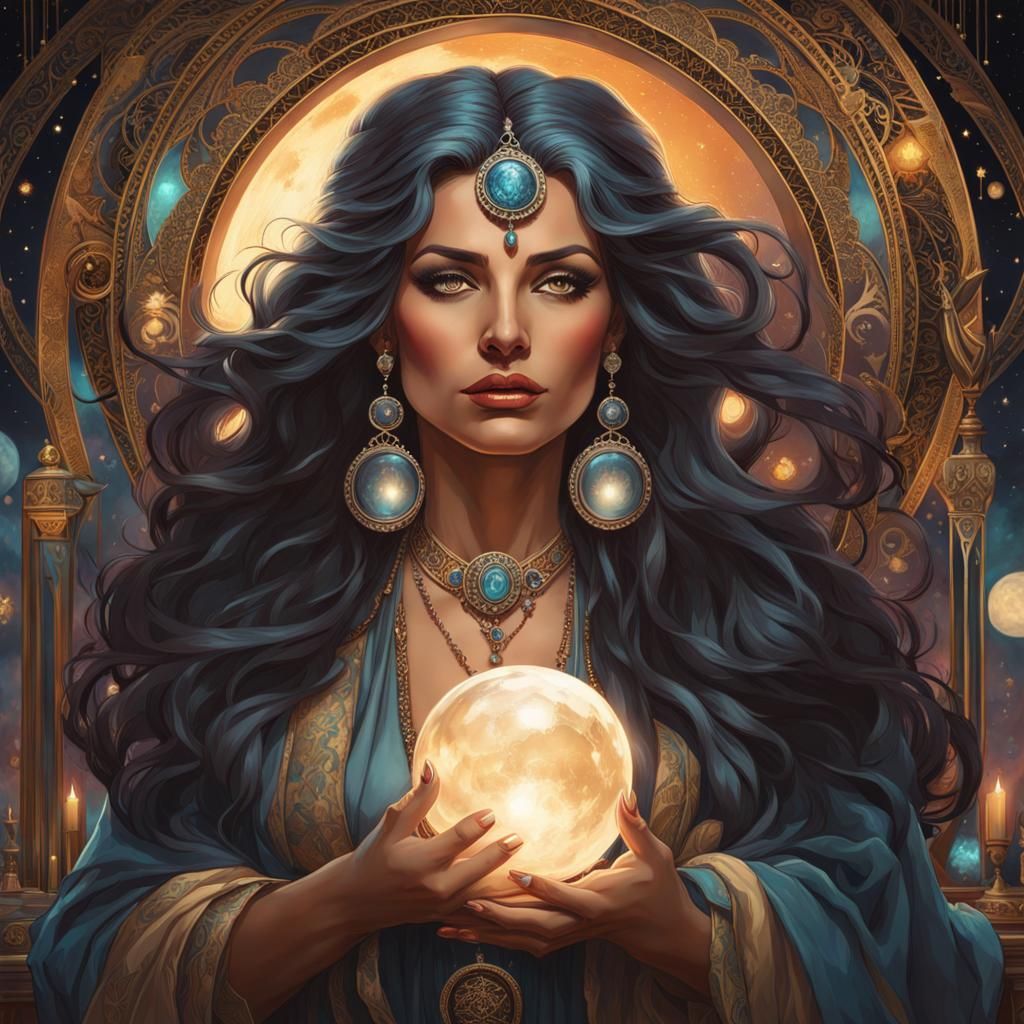Bejeweled Gypsy Woman with Crystal Ball in Art Nouveau Style