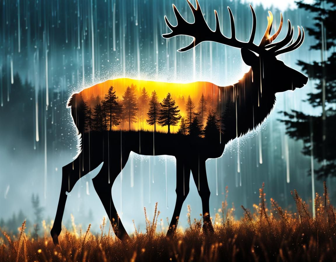 Double Exposure Rain Deer in Sunny Forest