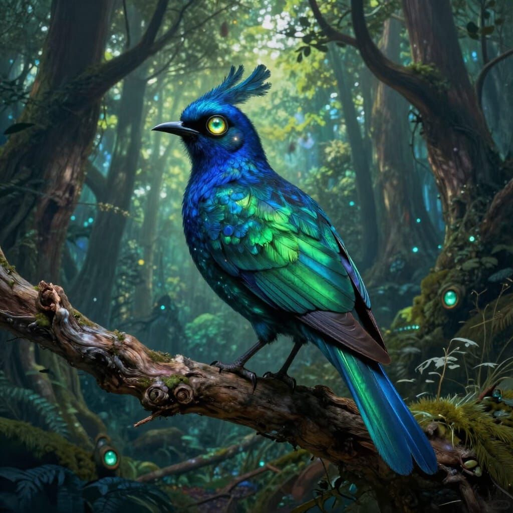Fantastical Bird with Luminous Eyes in Ancient Forest