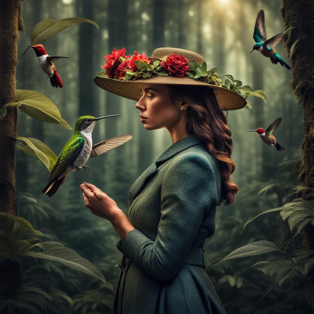 Hyperrealistic Lady with Hummingbird in Moody Woods