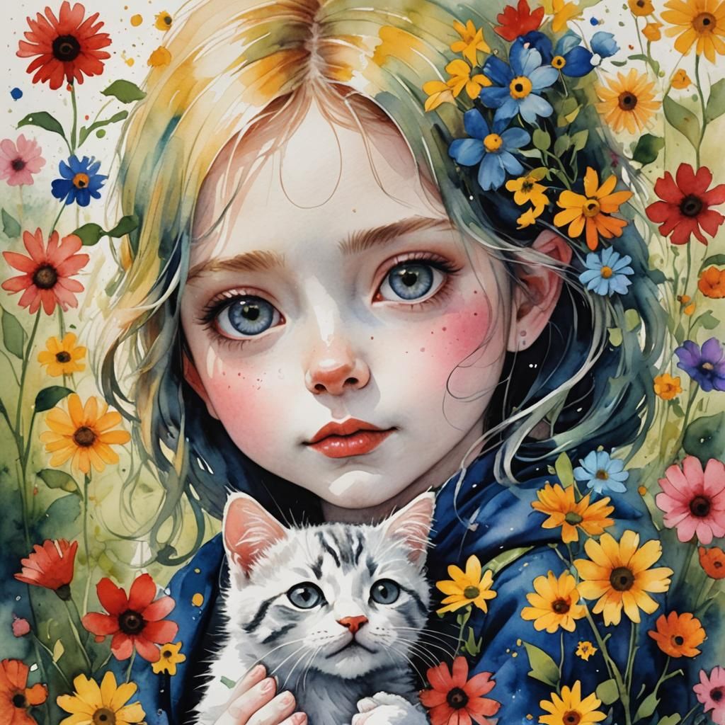 Kitten and Girl Nose Touch: Watercolor Art