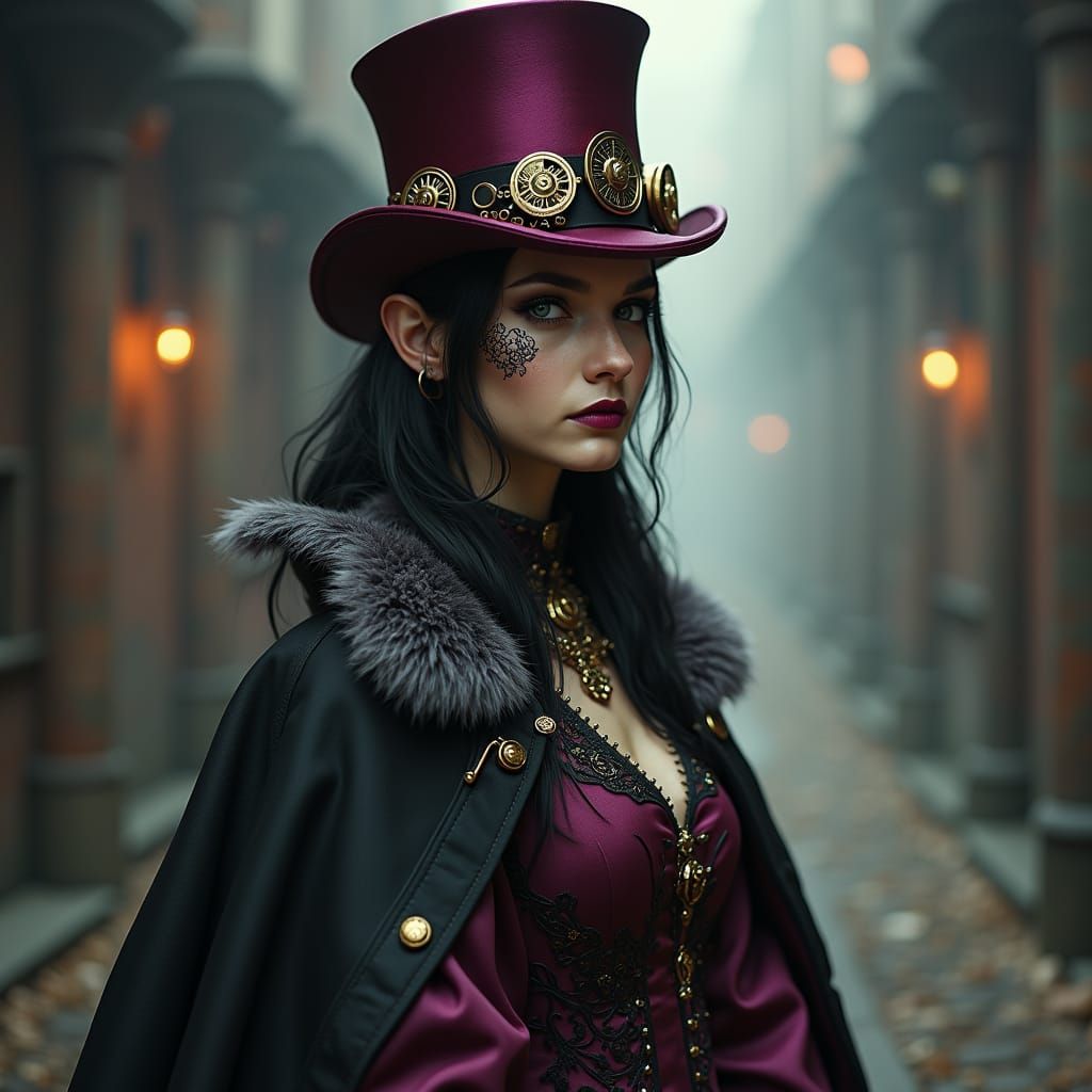 Steampunk Drow Lady in Industrial Fantasy Scene