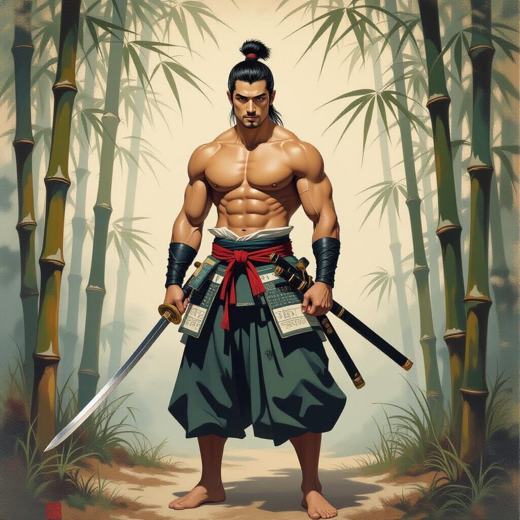 Samurai in Bamboo Grove, Yamato-e Oil Painting