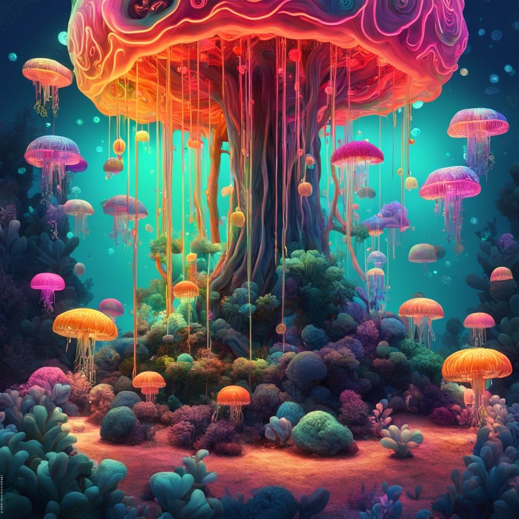 Whimsical Jellyfish Tree Blooms in Neon Paradise
