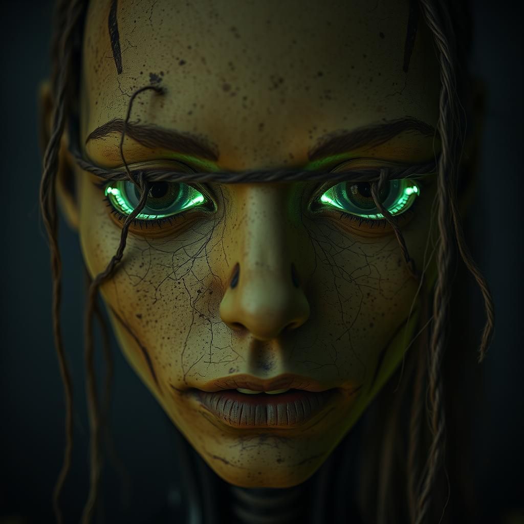 Bioluminescent Android Woman with Sewn Eyes