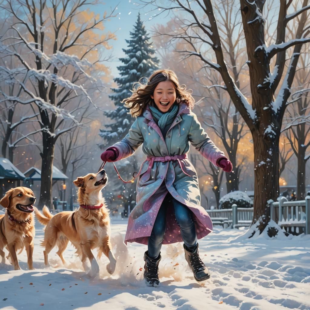 Girl and Dog Play in Sparkling Snow, Digital Art