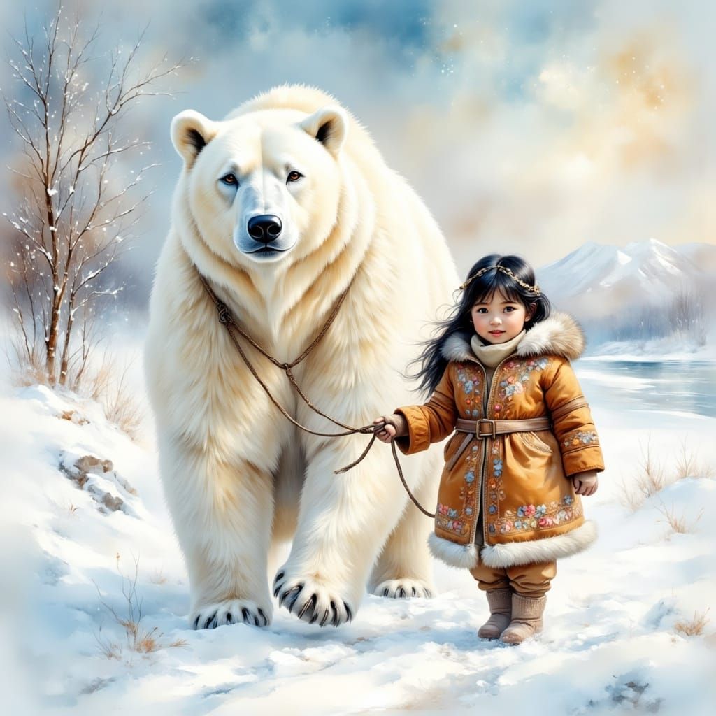 Ethereal Inupiat Girl and Polar Bear in Winter Wonderland