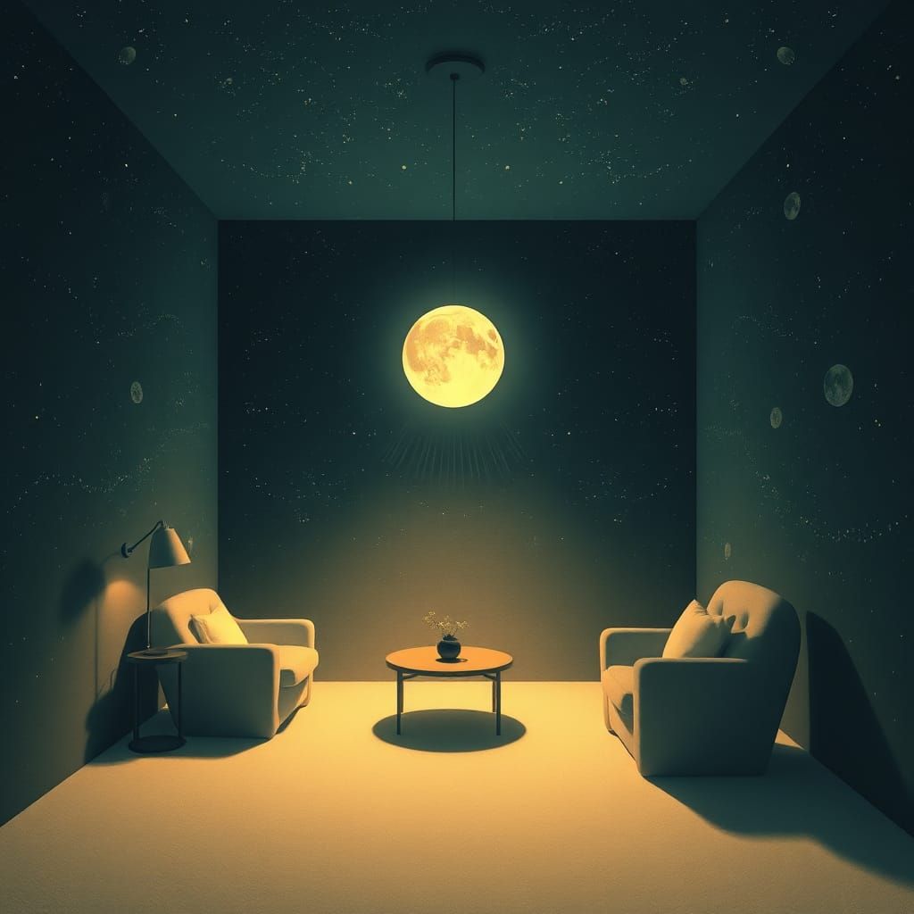 Celestial Room with Moon Lamp in Surreal Style