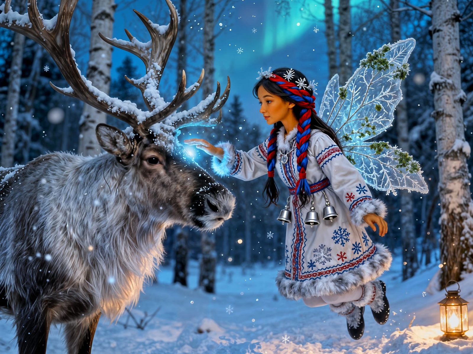 Sámi Winter Fairy Blessing Reindeer in Snowy Forest