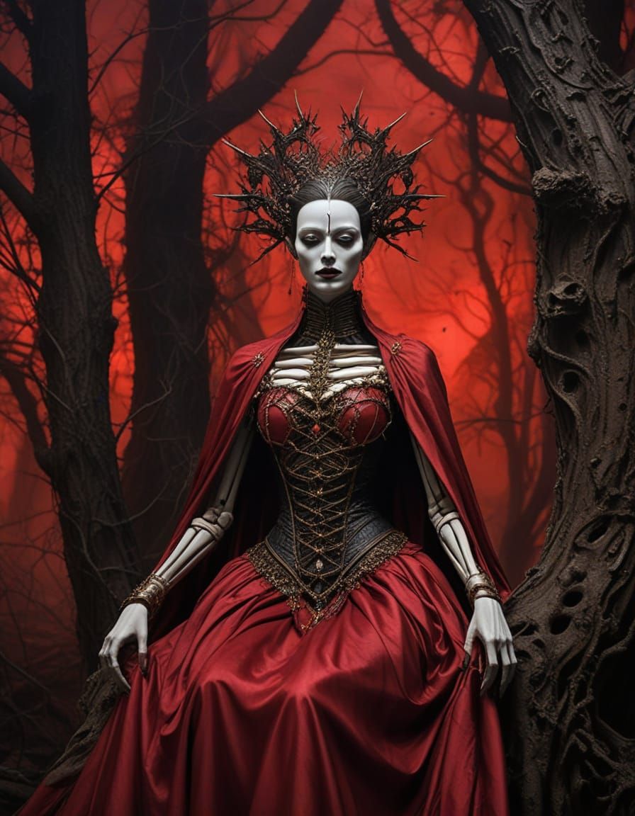 "A mysterious young woman draped in flowing crimson silk wan...