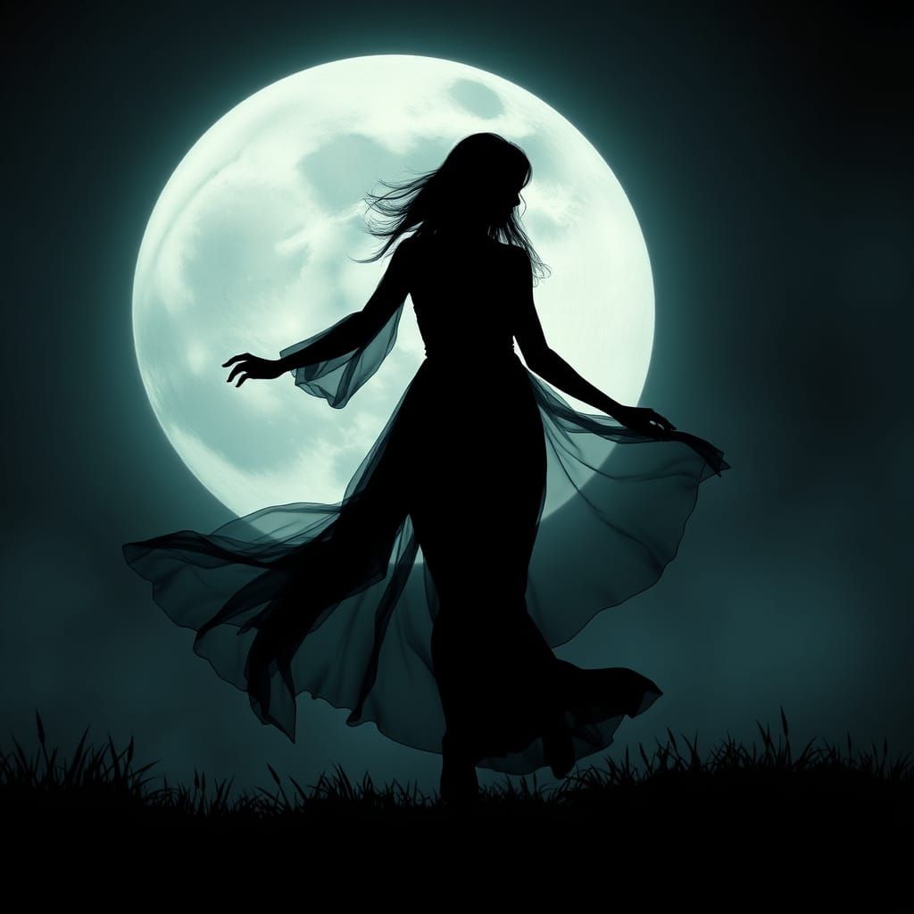 Woman Dancing Under Moon in Dreamy Style