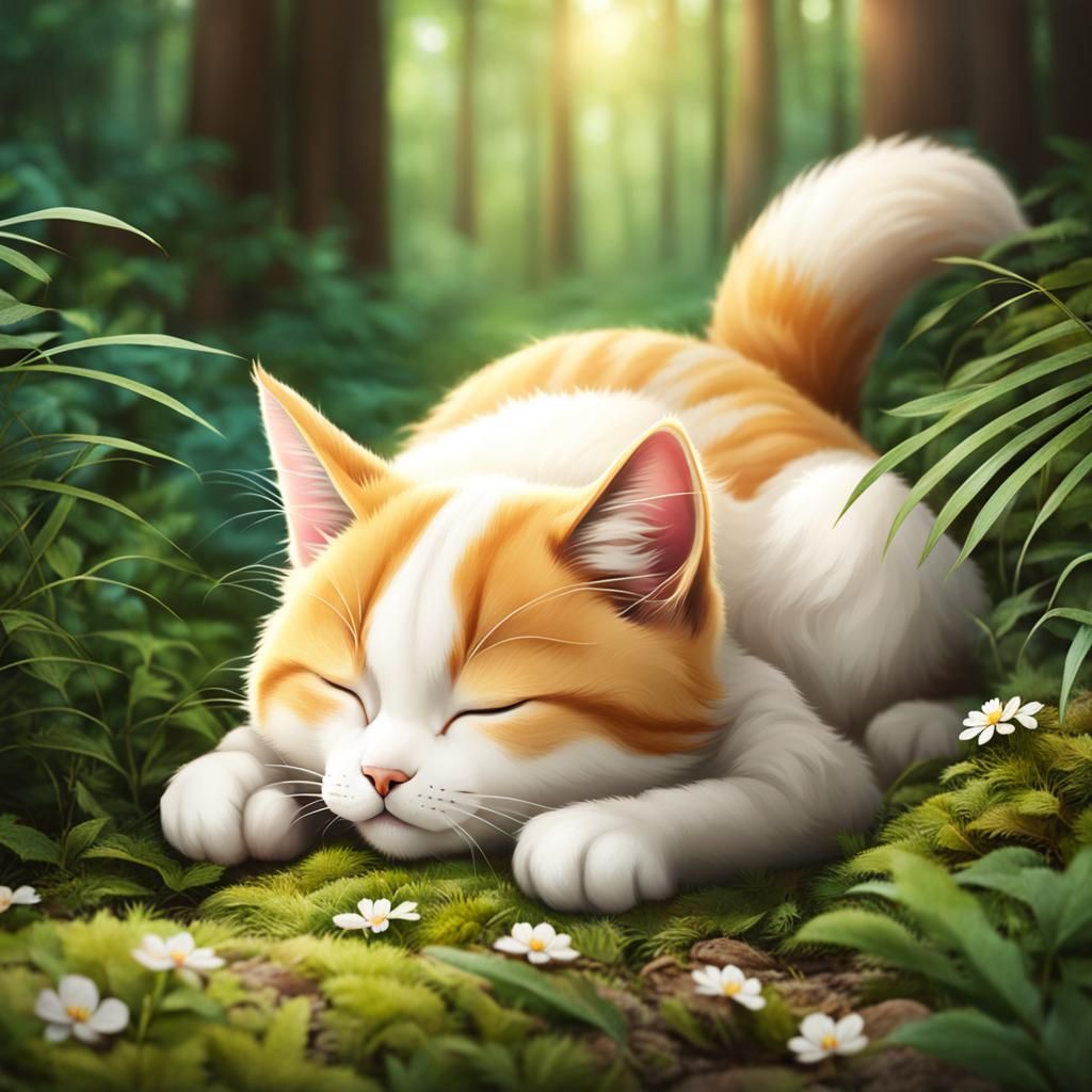 Cute Cat Sleeping Peacefully in Forest