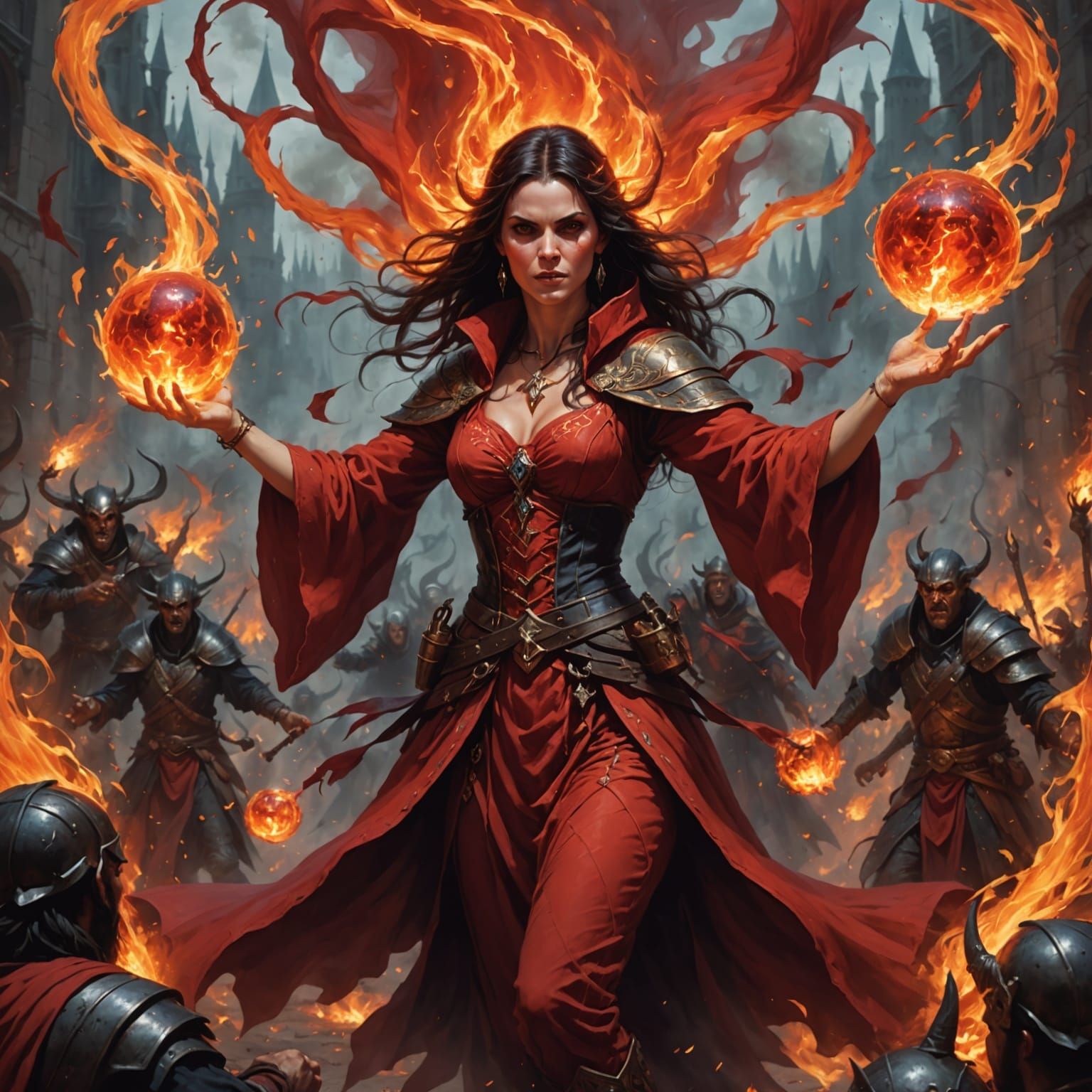 Mystical Sorceress Battles Infernal Hordes in Fiery Splendor
