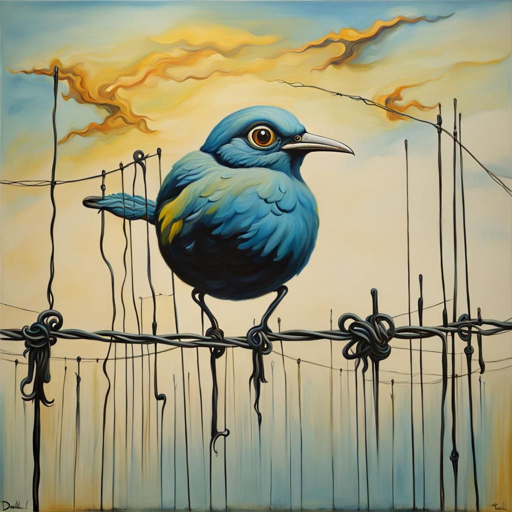 Surreal Bird on Wire: Dali-Inspired Oil Painting
