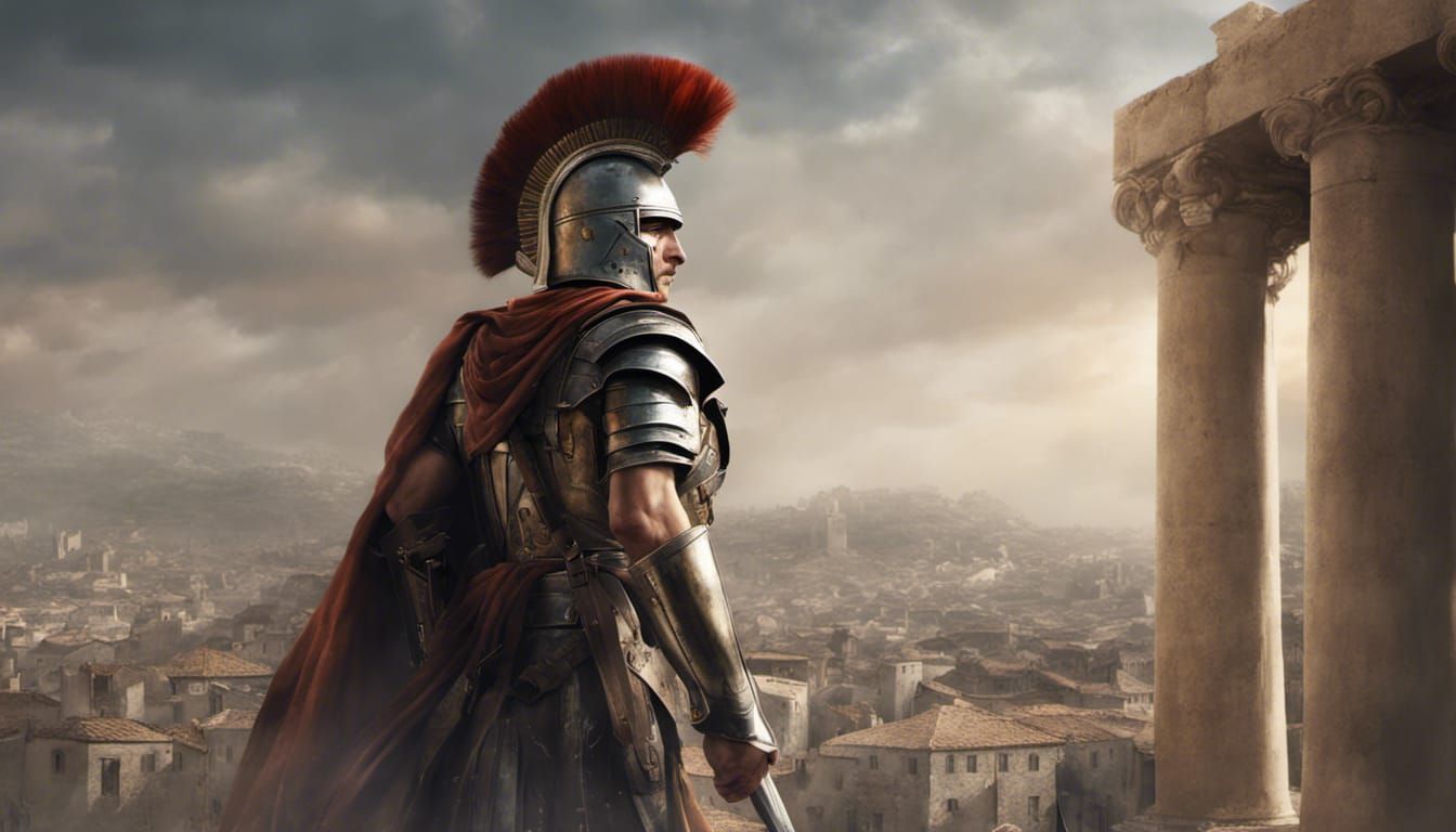 Greek Soldier in Armor Gazing at Ancient City